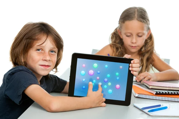 Cute maths student showing numbers on tablet. — Stock Photo, Image