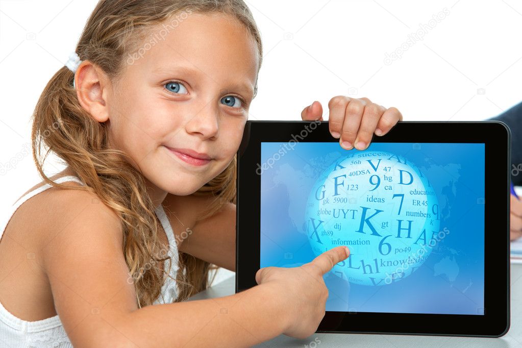 Close up of cute girl pointing on tablet.