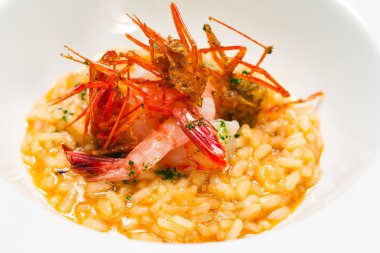 Kırmızı karides ile kremsi risotto pirinç çanağı.