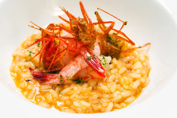 Creamy risotto rice dish with red prawns. — Stockfoto