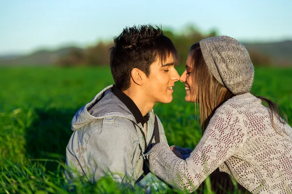 Jovem casal no campo mostrando carinho . — Fotografia de Stock