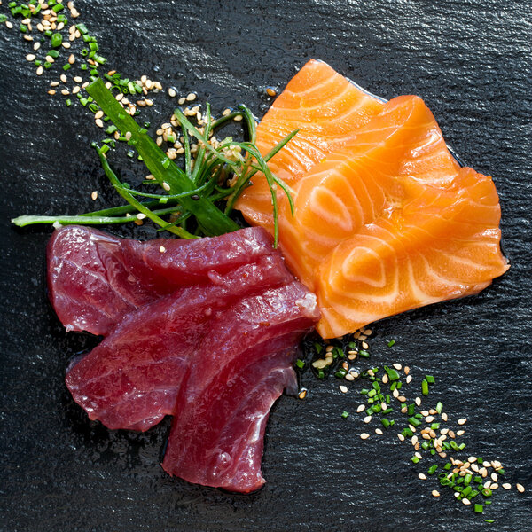 Fresh tuna and salmon sashimi.