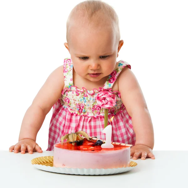 Un anno ols bambina con torta . — Foto Stock