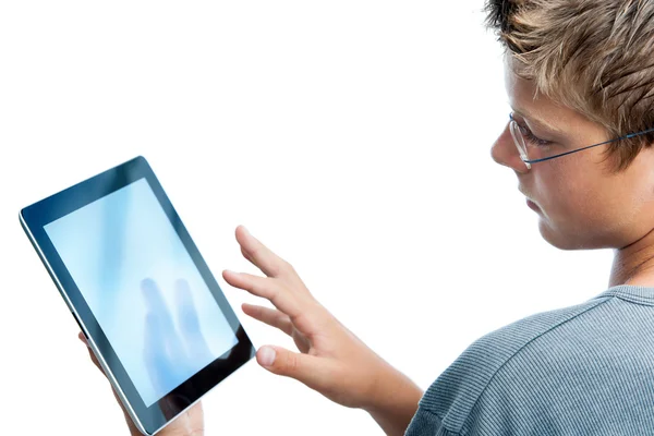 Boy typing on blank digital tablet. — Stock Photo, Image