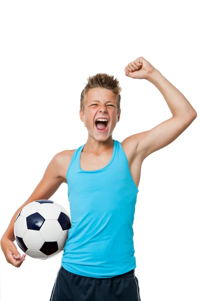 Adolescente jogador de futebol com atitude vencedora . — Fotografia de Stock