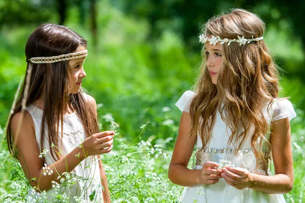 Dos niñas de pie en el campo de flores . —  Fotos de Stock