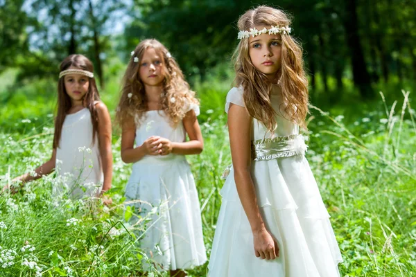 Drie meisjes dragen witte jurken in bos. — Stockfoto