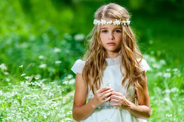 Hermosa pre adolescente en el campo verde . — Foto de Stock