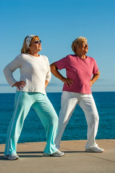 Äldre kvinnor gör övning utomhus. — Stockfoto