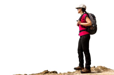 kadın hiker izole sırt çantası ile.