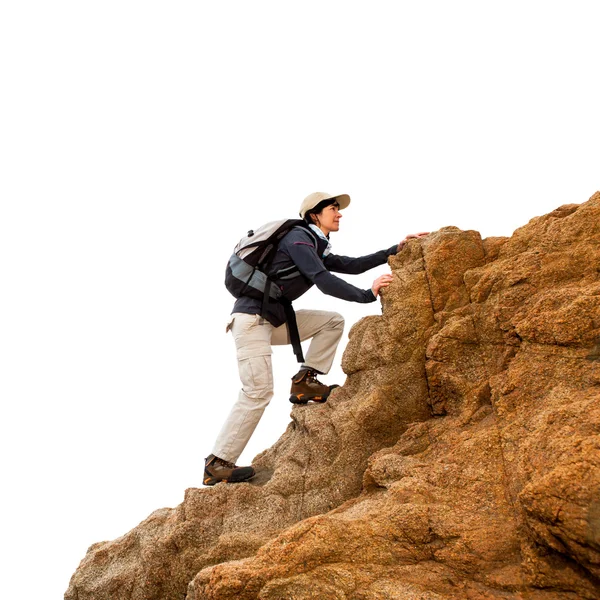 Female hiker on rocks isolated. — Stock Photo, Image