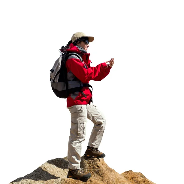 Female hiker consulting map on smart phone. — Stock Photo, Image