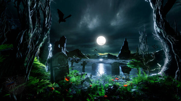 3D render of dark scary forest with lake and cemetery. Haunted halloween scene at full moon.