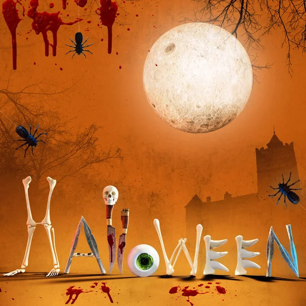 Rendering Von Halloween Typografie Geschrieben Mit Knochen Und Messern Vollmond — Stockfoto