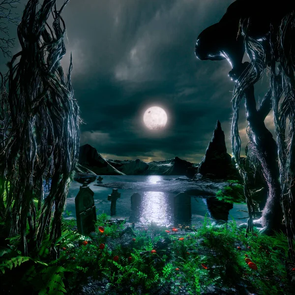 3D illustration of dark lake in scary haunted forest at full moon. Tombstones scattered in lake.