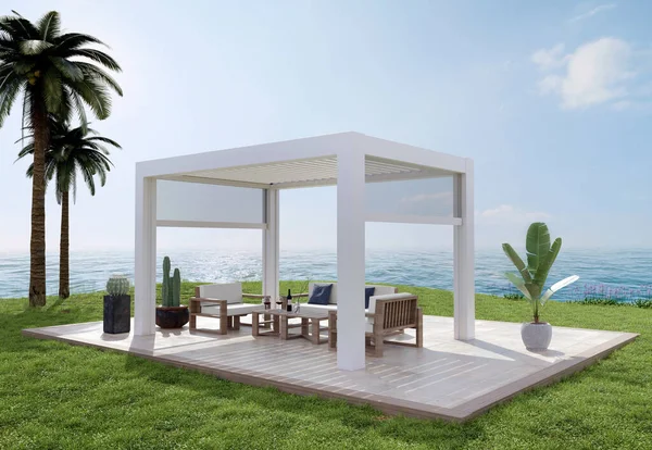 3D illustration of luxury patio on grass plain with white bio climatic pergola. Cozy sofa set with coffee table, palm trees and relaxing sea view.
