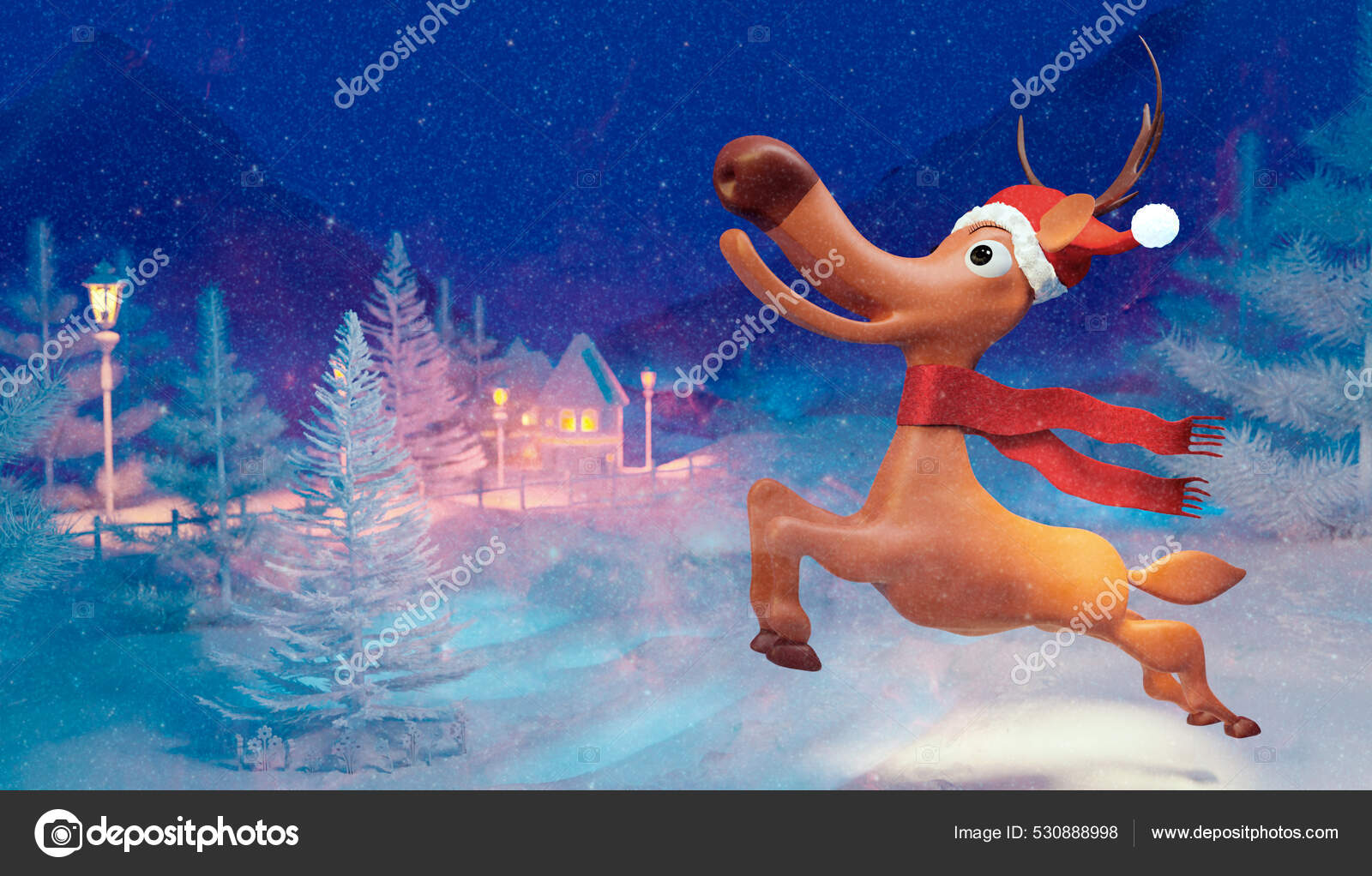 Fun Render Cartoon Christmas Reindeer Jumping Snow Twilight Scene Comic  Stock Photo by ©karelnoppe 530888998