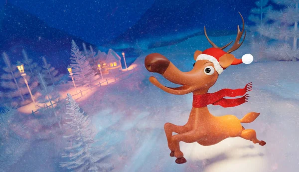 Rendering Des Zeichentrick Rentiers Rudolph Mit Weihnachtsmütze Und Rotem Schal — Stockfoto