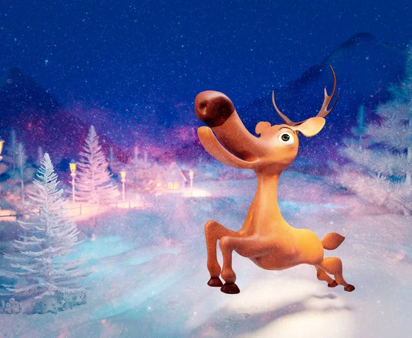 Ilustración Renos Dibujos Animados Saltando Nieve Divertida Escena Crepuscular Rudolph — Foto de Stock