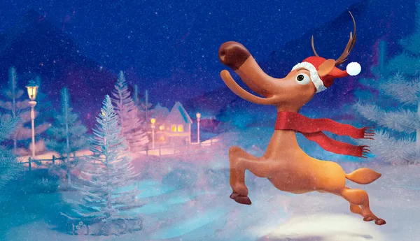 Fun Render Cartoon Christmas Reindeer Jumping Snow Twilight Scene Comic — Stock Photo, Image