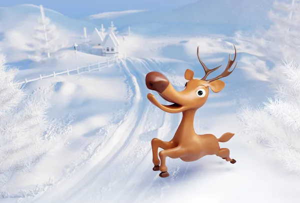 Illustration Cartoon Reindeer Jumping Snow Rural Winter Landscape Background — Stock Photo, Image