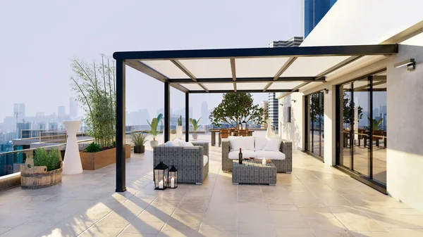 3D render of luxury top floor urban apartment patio with pergola. Rattan furniture with city view in background.