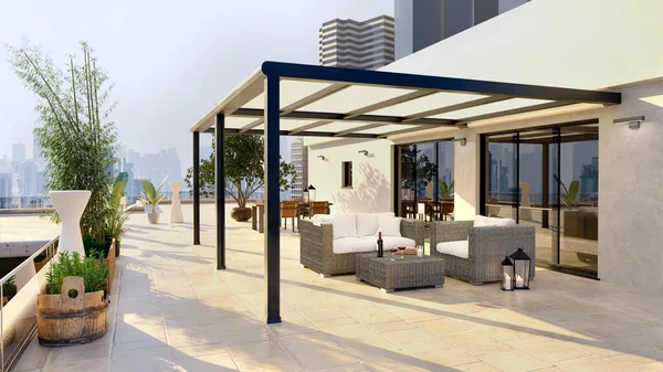 3D illustration of luxury top floor city apartment with private pergola and rattan decor furniture. Scenic view with city in background.