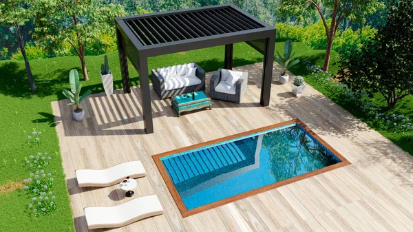 3D顶视图渲染现代黑色生物气候在室外露台上 有游泳池和甲板椅子的松软木制瓷砖 有树木和绿草的园圃 — 图库照片