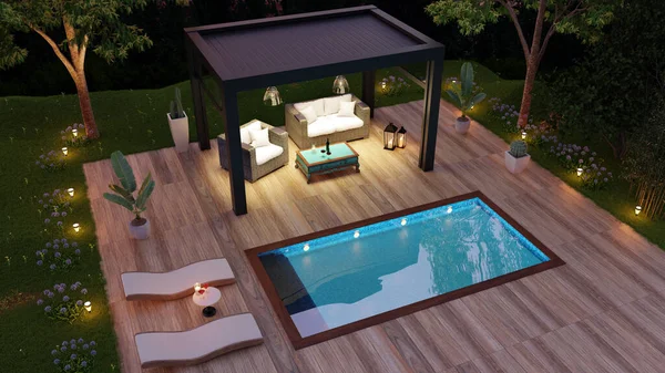 Top View Render Modern Black Bioclimatic Pergola Outdoor Terrace