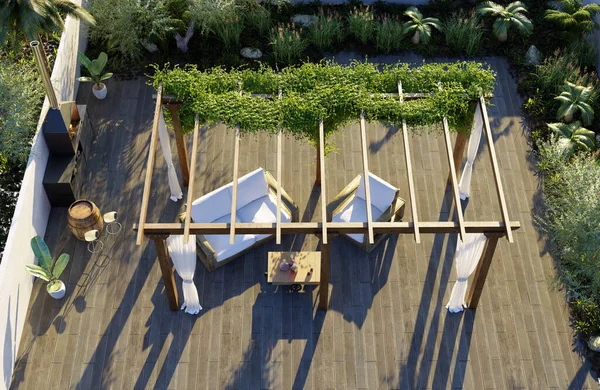 Illustratie Van Luxe Terras Met Uitzicht Zee Houten Pergola Top — Stockfoto