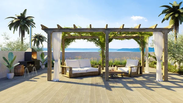 Render Wooden Teak Pergola Private Terrace Front View Outdoor Garden — Stock Photo, Image