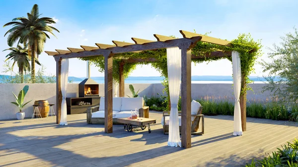 Ilustración Terraza Lujo Con Vista Mar Pérgola Vista Lateral Patio — Foto de Stock