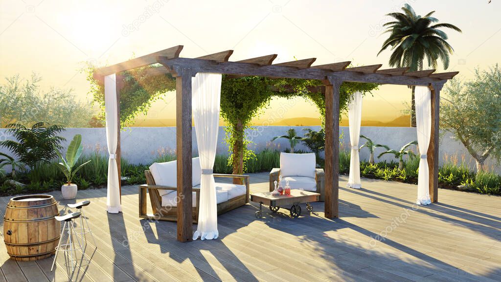 3D illustration of teak wood pergola on outdoor private terrace. Sofa set with coffee table and garden in background.