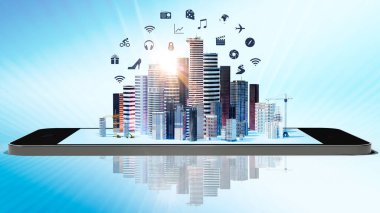 3D illustration of a conceptual city emerging from a smartphone screen. Front view of skyscrapers with icons.