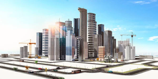 Illustration Einer Konzeptionellen Stadt Mit Wolkenkratzern Und Straßennetzen Isoliert Auf — Stockfoto