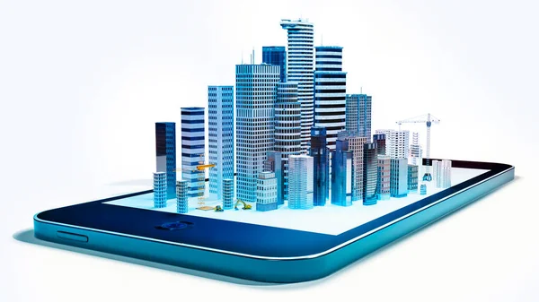 3D render of a conceptual city emerging from a smartphone screen. Front view of illustration isolated on white background.