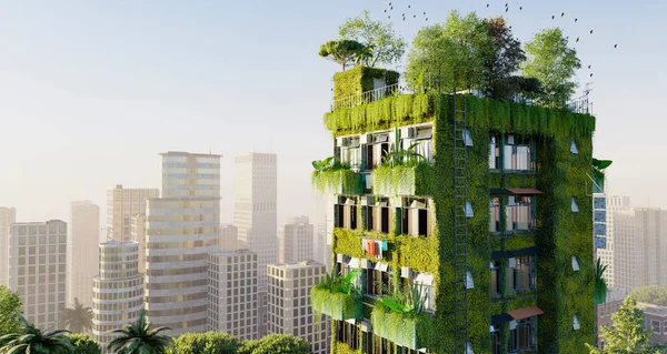 3D render of a residential skyscraper with vertical plant growth. Conceptual green eco-building in a modern city.