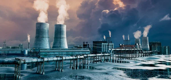 Απεικόνιση Του Βιομηχανικού Εργοστασίου Τοξικό Αέριο Και Καπνός Από Πύργους — Φωτογραφία Αρχείου