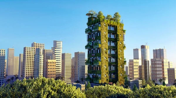 3D illustration of smart eco-friendly building in a modern city. Skyscraper covered with vegetation surrounded by buildings.