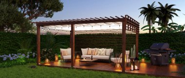 3D render of a teak wooden deck with decor furniture and ambient lighting. Panoramic view of garden pergola with gas grill at twilight.