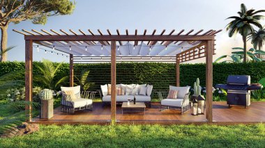 3D illustration of a luxury wooden teak deck with bbq grill and decor furniture. Front view of a wooden pergola in green garden. clipart