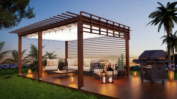 3D render of a teak wooden deck with decor furniture and ambient lighting. Side view of garden pergola with gas grill at twilight.