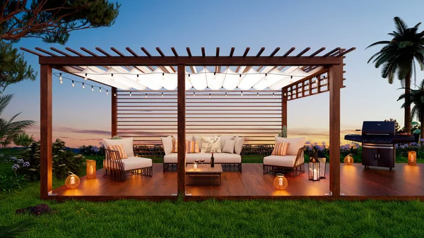 Render Teak Wooden Deck Decor Furniture Ambient Lighting Front View — Photo