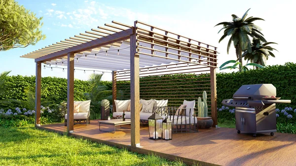 3D illustration of a luxury wooden teak deck with bbq grill and decor furniture. Wooden pergola in green garden.