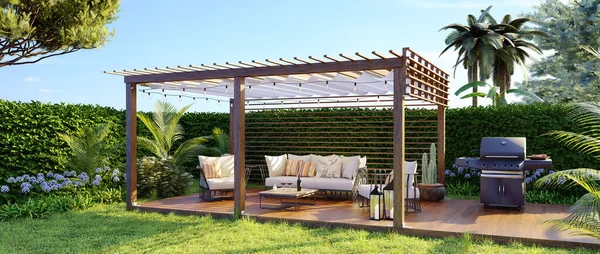 3D illustration of a luxury wooden teak deck with gas grill and decor furniture. Panoramic view of a wooden pergola in the back garden.