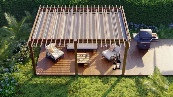 3D illustration of a luxury wooden teak deck with gas grill and decor furniture. Top view of a wooden pergola in the back garden.