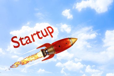 Bulutlu bir gökyüzünde uçan kavramsal bir roketin 3D çizimi. 