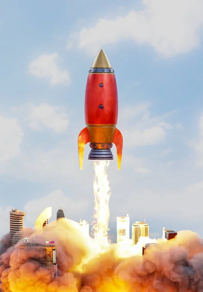 火と煙を持つ都市の上に概念的なスタートアップロケットの3Dレンダリング ストックフォト