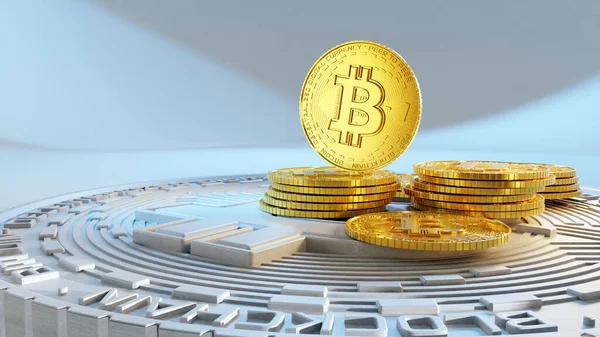 概念暗号通貨コインの3Dレンダリング 光を背景にした金貨 ストック写真