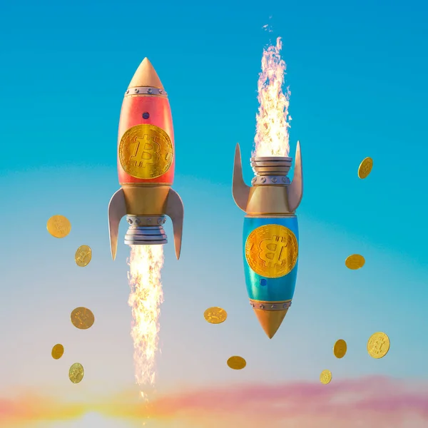 ロケットに取り付けられた暗号通貨コインの3Dイラスト 経済の上昇と下落の概念的なレンダリング ストック画像